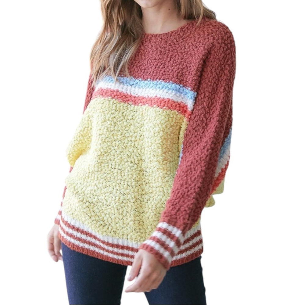 126. Retro Burgundy Yellow Striped Soft Knit Sweater NWT